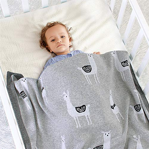 Manta de Punto para Bebé Recién Nacido, Surwin Suave y Cálida Niños Niñas Punto Cobija Manta de 100% Algodón con Lindo Patrón de Alpaca para Bebé Cuna/Cochecito (100x80cm,Gris)