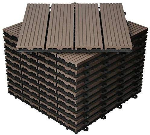 ECD Germany Piastrelle per Pavimenti da Esterno Piastrelle per Terrazze in WPC 30x30 cm Set di 11 Pezzi per 1m ² Marrone Scuro con Aspetto Legno Piastrelle da Giardino con Drenaggio e Sistema Plug-in