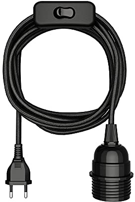 ledscom.de Textilkabel LEKA, stickpropp, strömbrytare, svart, 3 m, lamputtag, 1x E27 max. 60W