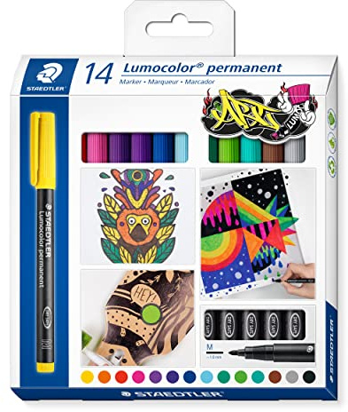 STAEDTLER permanent märkpenna lumocolor permanent ART, för nästan alla ytor, torka och vattentät, linjebredd 1,00 mm, påfyllningsbar, 14 universella pennor i blandade färger, 317 C14