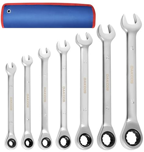 DAKCOS Clé plate à cliquet 7pc Cle Plate 6-17 mm Métrique, Jeu de clés mixtes Cle plate a cliquet 72 Dents 5° avec pochette de rangement pour Réparation Bricolage