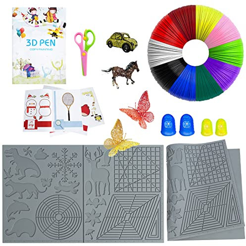 CHZIMADE 3D Druck Stift Zeichenwerkzeug Silikon Matte Schablone, 3D Stift Vorlage, 3D Stift Filament PLA, mit 4 Finger Protektoren und Schere, 3D Druck Stift Zubehör für Anfänger