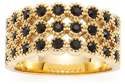 Leonardo Jewels Confetti Ring aus Edelstahl, goldfarbener Bandring mit schwarzen Glaskristallen, Statement Damenring Gr.20 (63), Modeschmuck für Damen, 022170