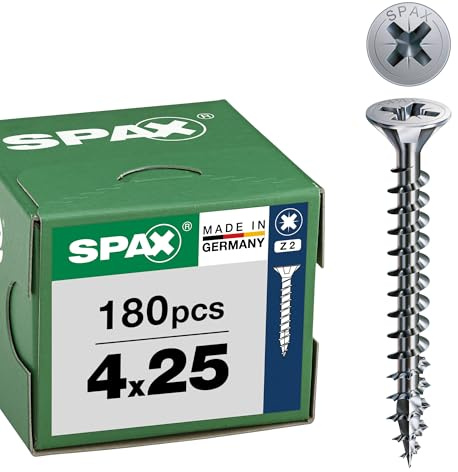 SPAX Vis universelles 4 x 25 mm, 180 pièces - Vis à tête fraisée avec revêtement WIROX, filetage total, empreinte cruciforme Z2, pointe 4CUT - 8000000277160