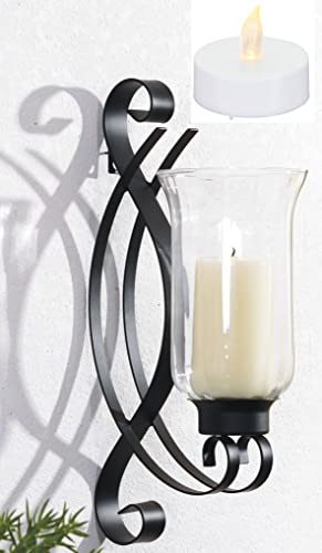 Novaliv 1x Wandkerzenhalter + 1x LED Teelichter Maxi 18 x 36 x 20 cm Schwarz LED Kerze Teelichterhalter aus Metall mit Glas Kerzenhalter Wanddeko Vintage Deko Teelicht LED Licht