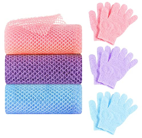 6 Pack African Net Sponge Exfoliating Glove Set, 3 Bath Sponge Body Scrubber Back Scrubber and 3 Pairs Exfoliating Gloves as Stocking Stuffers for Adults