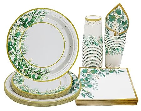 Sage Green Paper Plates Napkins and Cups Set,96Pcs Disposable Party Tableware,Baby Shower Plates Cups and Napkins for Wedding Birthday Jungle Safari Party Supplies