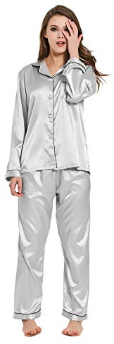 BigKing Pyjama Femme Manches Longues, Femmes Satin De Soie à Manches Longues Homewear Deux Pièces Bouton Pyjama，Confortable à Porter à La Maison(XL, Gris)