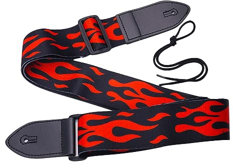 UESDU Guitar Strap Acoustic Red Flame Electric Bass Guitar Shoulder Straps 5cm Wide Personalized Printing Shoulder Belt with Leather End