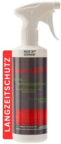 COAT-UP Textil Imprägnierspray 500 ml – Wasser-, Schmutz- & Ölabweisend | Farb- & Geruchsneutral | Für saugende Textilien wie Schuhe, Jacken, Cabrio Verdeck & Möbel | Atmungsaktiv
