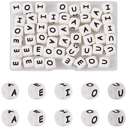 Crafans Silikon-Buchstabenperlen A-E-I-O-U, Buchstabenperlen, Schwarz, Vokal-Buchstaben, Freundschaftsarmband, Abstandshalter für DIY-Halsketten, Basteln, Schmuckherstellung, 50 Stück