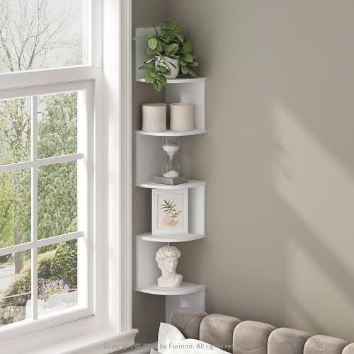 Furinno 5-nivås flytande hörnhylla, väggmonterade hyllor för förvaring och skärm, vit