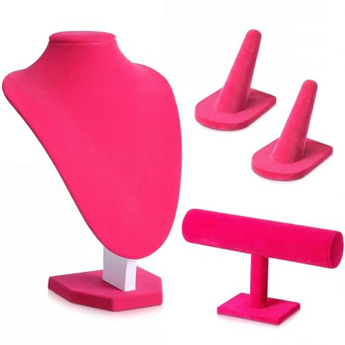 Wenqik 4 Pcs Velvet Jewelry Display Set Velvet Necklace Bust Holder Bracelet Organizer 2 Ring Finger Jewelry Holder(Rose Red)