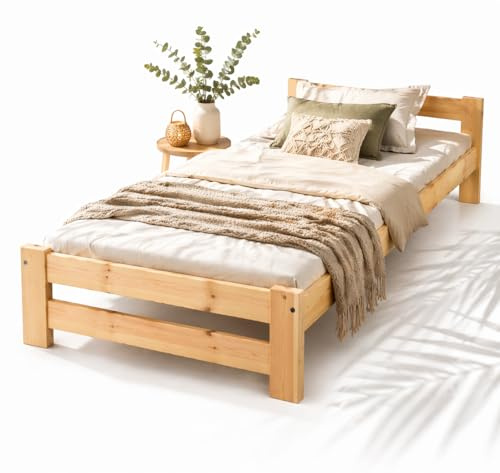 All4All Massivholzbett Reko 90x200 cm aus Kiefer - Bettgestell mit Lattenrost – stabiles Einzelbett Naturholz – ideal für Schlafzimmer, Gästezimmer & Kinderzimmer Holzbett - Bett