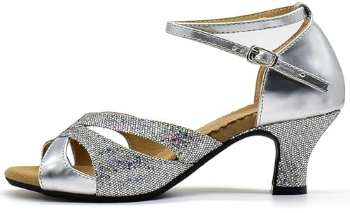 WUIWUIYU Women's Ankle Strap Dance Shoes for Ballroom Salsa Tango Flamenco Latin Paso Doble Footwear Size 7 Silver(Rubber Sole)