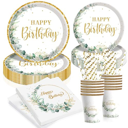Komicea Geburtstagsdeko Teller Set, Eukalyptus Pappteller 100 Stück für 20 Gäste, Happy Birthday Geburtstag Deko Frauen, Grün Partygeschirr Set für Party Deko