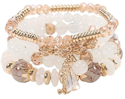 APMGONT Boho Kristall Perlen Armband, 4 Stück Boho Quaste Armbänder für Damen, Natürliches Kristall Heilsteine Armband, Statement Armreifen für Weihnachten, Valentinstag, Geburtstag