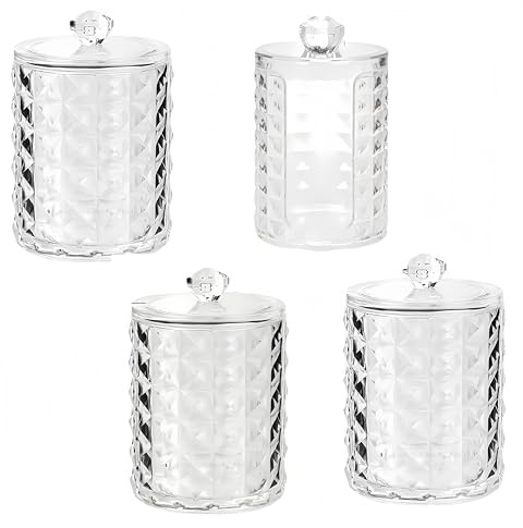 PUTOAHAO 4 Boite Coton Tige en PET Écologique,Distributeur Coton Demaquillant Transparent avec Motif Diamant,Rangement Cosmétiques pour Salle de Bain,Table de maquillage,Bureau (zsw tm E)