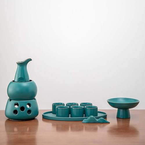 Set per sakè con scaldavivande, set tradizionale per sakè caldo in ceramica da 12 pezzi, tra cui 1 fornello a candela, 1 tazza scaldavivande, 1 pentola per sakè, 6 tazze per sakè, 1 vassoio, 1 poggia