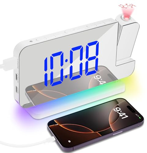 Adiwo Projektionswecker, Wecker mit Projektion LED Bildschirm, USB-C-Anschluss, Einstellbare Helligkeit Alarmlautstärke, für Schlafzimmer, Decke, Wand, Haus, Kinder, Senioren
