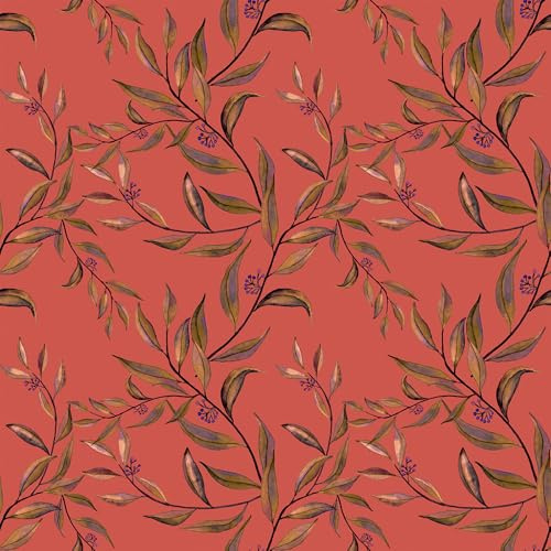 VEELIKE Vintage Zinnoberorange Blatt Tapete Blätter Orange Boho Mustertapete 44.5 cm x 300 cm Fototapete Selbstklebend Möbelfolie für Schränke Schubladen Klebefolie Blumen Wandtapete Schlafzimmer