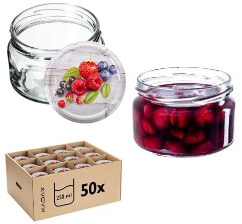 KADAX Lot de 50 pots à confiture de 250 ml avec couvercle à visser Ø 82 mm en forme de framboise - hermétiques, lavables au lave-vaisselle, idéal pour confiture, chutneys, légumes marinés, viande