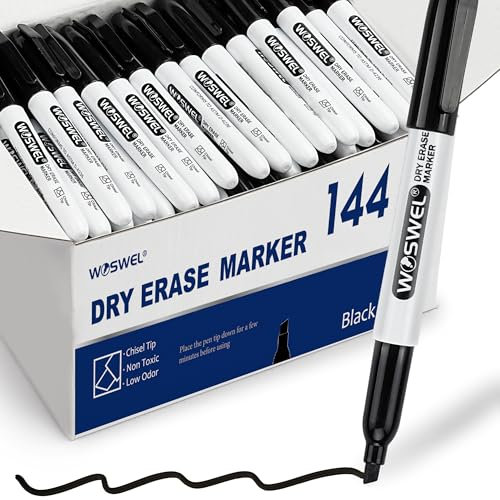WOSWEL Dry Erase Markers Bulk, 144 Pack Black Chisel Tip Whiteboard Marker, Chisel Point, Low Odor Dry Erase Pen for School Office Home