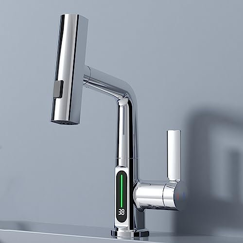Ausziehbarer Waschtischmischer-Wasserhahn, Waschtischarmaturen mit herausziehbarer Brause aus Messing für heißes und kaltes Wasser, multifunktionaler ausziehbarer Badmischer-Waschtischarmatur-Chrom