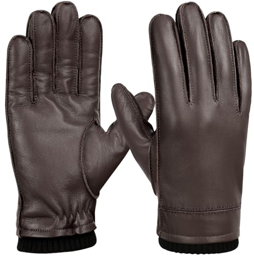 FIORETTO Men's Chrome free Leather Driving Gloves Touchscreen Warm Cashmere Wool Lined Sheepskin Winter Gloves for Cold Weather Brown Large