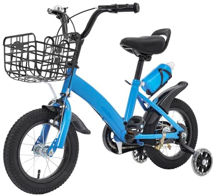 ROMYIX 12 inch Kids Bike Children's Bicycle with Stabilisers Wheels,Bell,Basket,Water Bottle,Girls Boys Beginner Bike for 2-5 Years Old,Adjustable Seat Height&Handlebar Height