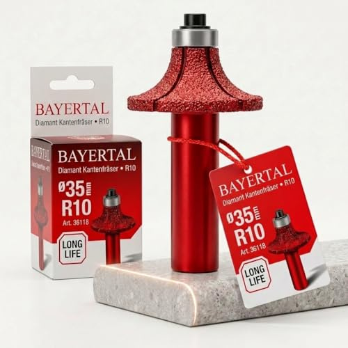 BAYERTAL® Fresa redondeada de diamante 35 mm x R10 – para redondear azulejos duros, gres porcelánico, granito, mármol, etc. – Fresa de radio – Fresa de bordes de calidad premium para taladros – Fresa