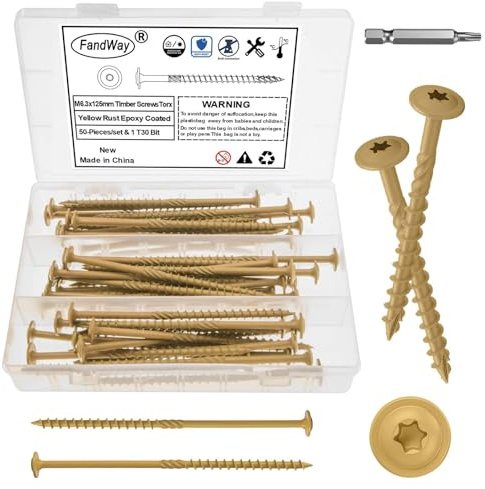 FandWay 50 Pièces Vis à Bois Torx pour Panneaux D'aggloméré 6,3x125mm Vis à Tête Ronde Large Bombé,Vis Autotaraudeuses Torx Universelles Jaune Pour Construction de Toiture,Terrasse Avec 1 T30 Bits.