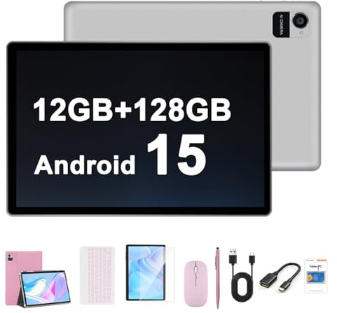 Crelander 10,1 Zoll Android 15 Tablet, 12GB+128GB Android Tablet, 5000mAh Akku, 1280x800 Touchscreen, Bluetooth/WiFi, Bundle mit Hülle, Tastatur, Maus & Stylus (Rosa)