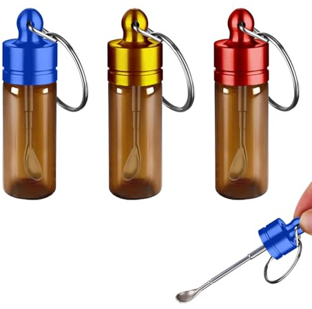 AABDTYYD Frasco de almacenamiento, 3pcs Mini Recipientes de Vidrio 6cm para Especias, Azúcar (Rojo, Dorado, Azul) con cuchara telescópica, Especieros Herméticos para Cocina y Viaje