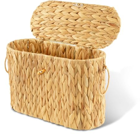 Cyrabota Toilet Paper Storage Basket, Water Hyacinth Toilet Paper Holder with Lid, Wicker Storage Basket with Built-in Handles for up to 6 Mega Rolls, Wicker Baskets Bathroom Accessories Organizer