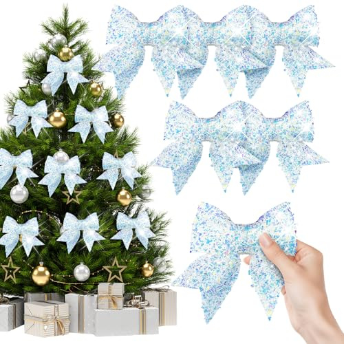Shyllin Christmas Bows, blendend weiß Schleife Weihnachtsbaum, 6-Teiliges Glitzer-Tannenbaum Schleifen, Geeignet für Weihnachtsbäume, Geschenkboxen, Partys und Hochzeitsdekorationen