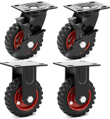 Humagineer 125mm Ruedas para Muebles Pesados, Juego de 4 Ruedas de Caucho Sólido (2 Giratorias con Frenos + 2 Fijas), Capacidad de Carga 500kg, para Carro de Herramientas y Banco de Trabajo
