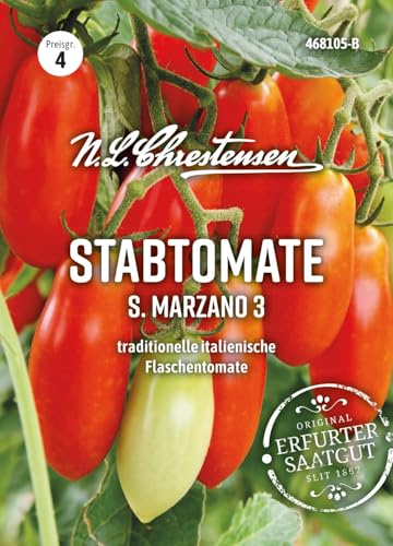 Chrestensen Stabtomate San Marzano, 3 Samen, 80-100g | Pflaumentomate, Aromatisch fruchtig, Für Saucen Pasta, Solanum lycopersicon, Samenfest