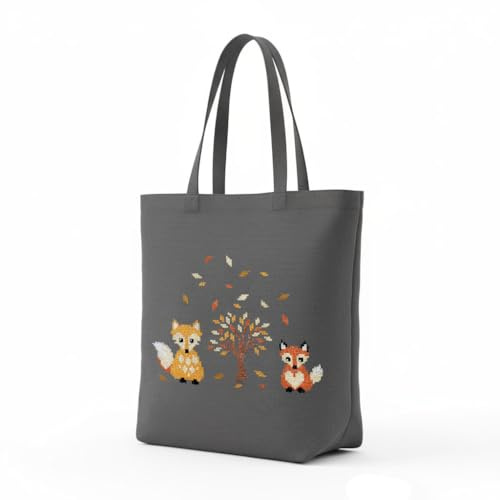 Delindo Lifestyle Kreuzstich Herbst Fuchs Stickset, Einkaufstasche in Grau mit Stickpackung, 44x37 cm, DIY Stickerei Set mit Garn