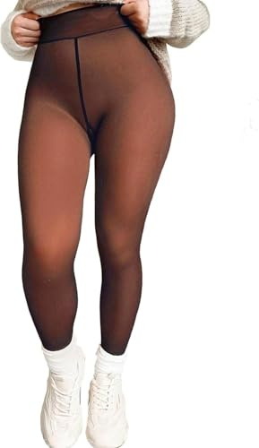 Collant de compression avec doublure en polaire translucide, taille haute, bronze, S