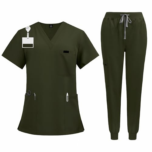 Meichoon Medical Scrub Set V Neck Short Sleeve Top with 3 Pockets Elastic Cuff Pants Moisture Wicking Healthcare Uniform CK13