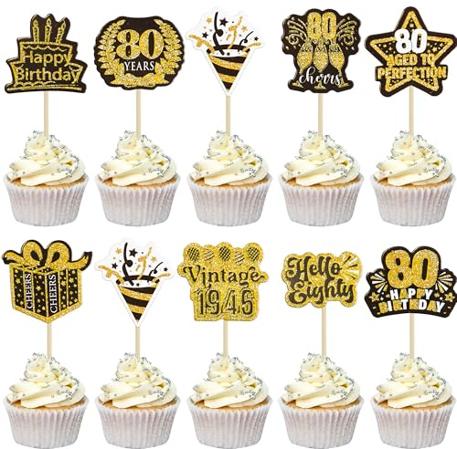 Ephlyn 40Pcs Happy 80th Birthday Cupcake Toppers Double Sided Eighty Hello 80 Straight Outta 1946 Cupcake Picks Vintage 1946 Cheers to 80 Years Cake Decorations for 80th Birthday Party Supplies