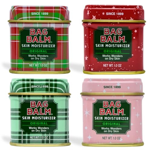 Bag Balm Mini Tin Gift Set – Bundle of 4 Limited Edition Tins (Red Star, Pink Star, Green Plaid, Red Plaid) – Multi-Use Moisturizing Balm for Dry Skin, Lips, Hands and Winter Hydration