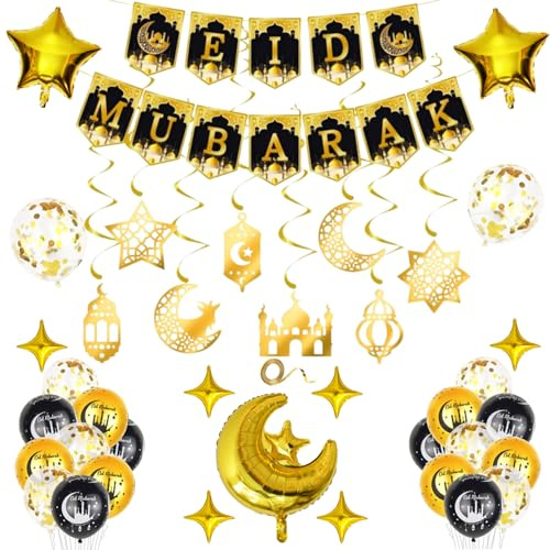 YFCJYBF Eid Mubarak Deko Set Schwarz Gold – Folienballon Stern Mond, Luftballons, Banner & Girlanden für Ramadan Fest & Partydeko