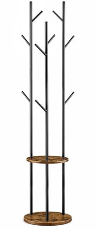 EVERGOODS Freestanding Coat Rack Stand with 8 Hooks and Storage Shelves, Coat Stand for Hallway Entryway, Space-Saving Coat Hanger Stand, Rustic Brown Clothes Stand
