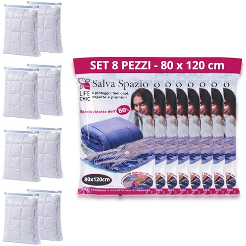 LifeChic 8 Sacchetti Salvaspazio Sottovuoto 80X120 cm, 8 Pezzi Riutilizzabili con Valvola Universale, Busta Sottovuoto per Vestiti, Maglioni, Lenzuola, Asciugamani e Cambio Stagione