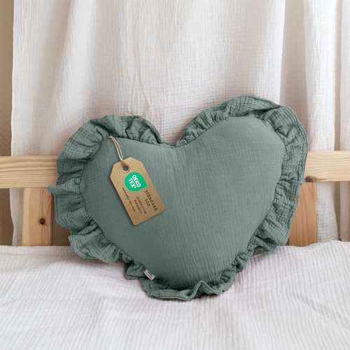 Dekokissen Kinderzimmer [Kuschel Kissen in Herz- & Sternform] - Kuschelkissen Kinder aus 100% Musselin-Baumwolle - handgenäht & weich in 12 Farben - Herzkissen Sternkissen Deko fürs Kinderbett