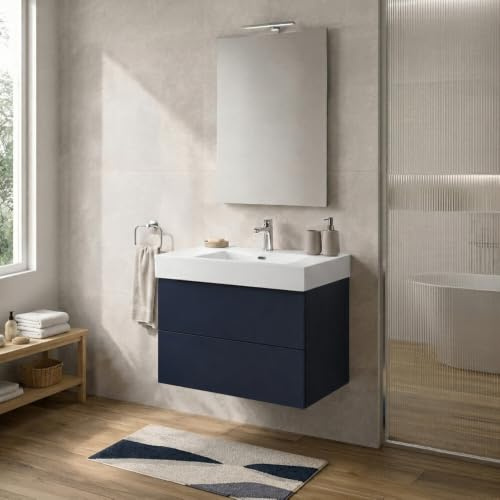 Mobile da bagno sospeso 70x45 cm Blu – 2 cassetti e lavabo in resina Tierra