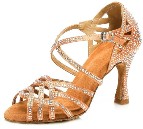 MINITOO Kvinnor Dans Skor Strass Brud Bröllop Kväll Klack Sandaler, L357 brun 9 cm klack, 38.5 EU