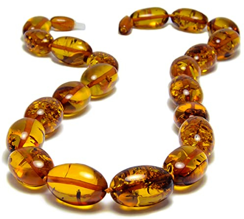 Laboratorio Italiano del Gioiello Collana in vera Ambra Baltica Naturale per Adulti Donna Pietre Ovali Color Cognac venduta in Confezione Regalo (50-75cm 35-45gr)